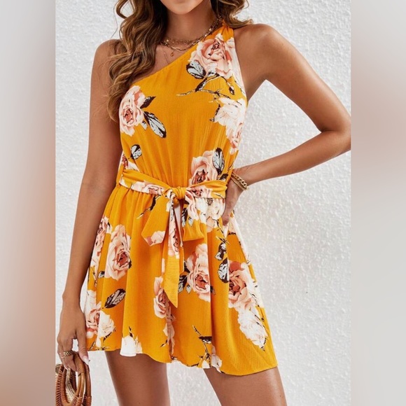 SHEIN VCAY Floral Print One Shoulder Belted Romper - Picture 1 of 11